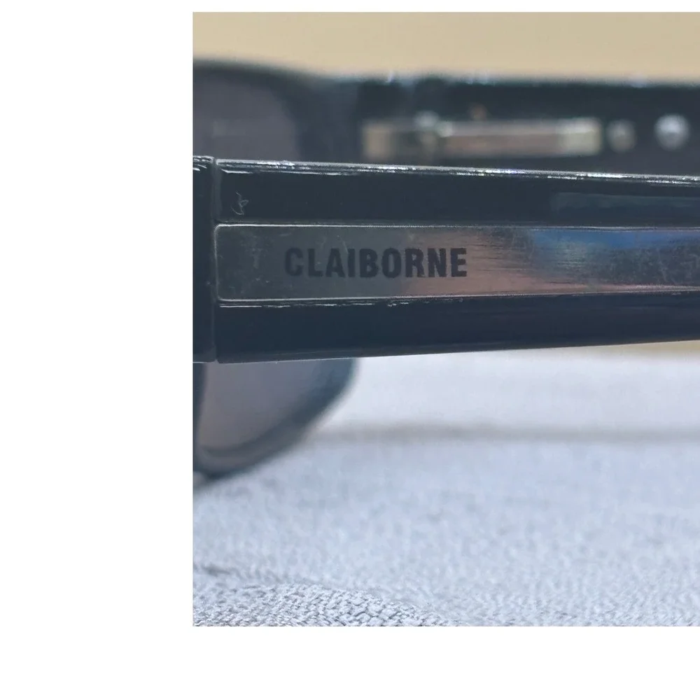 Claiborne Sunglasses Womens Black Rectangular Wrap Frame Silver Logo Detail